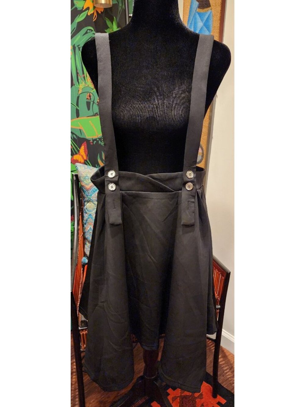 Black Suspender Skirt XXL With Pleated Hem & Button Straps